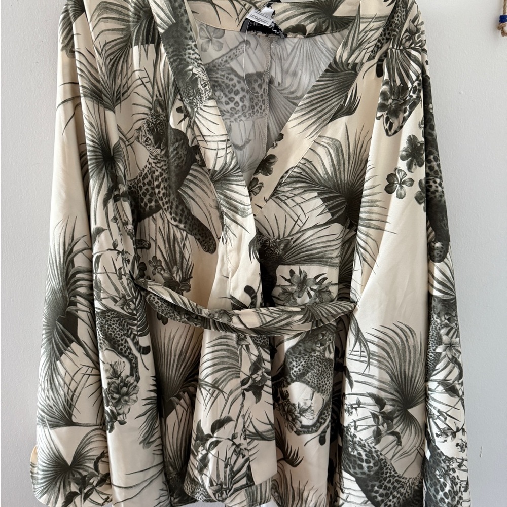 Women’s Cream and Olive Palm Print Wrap Top